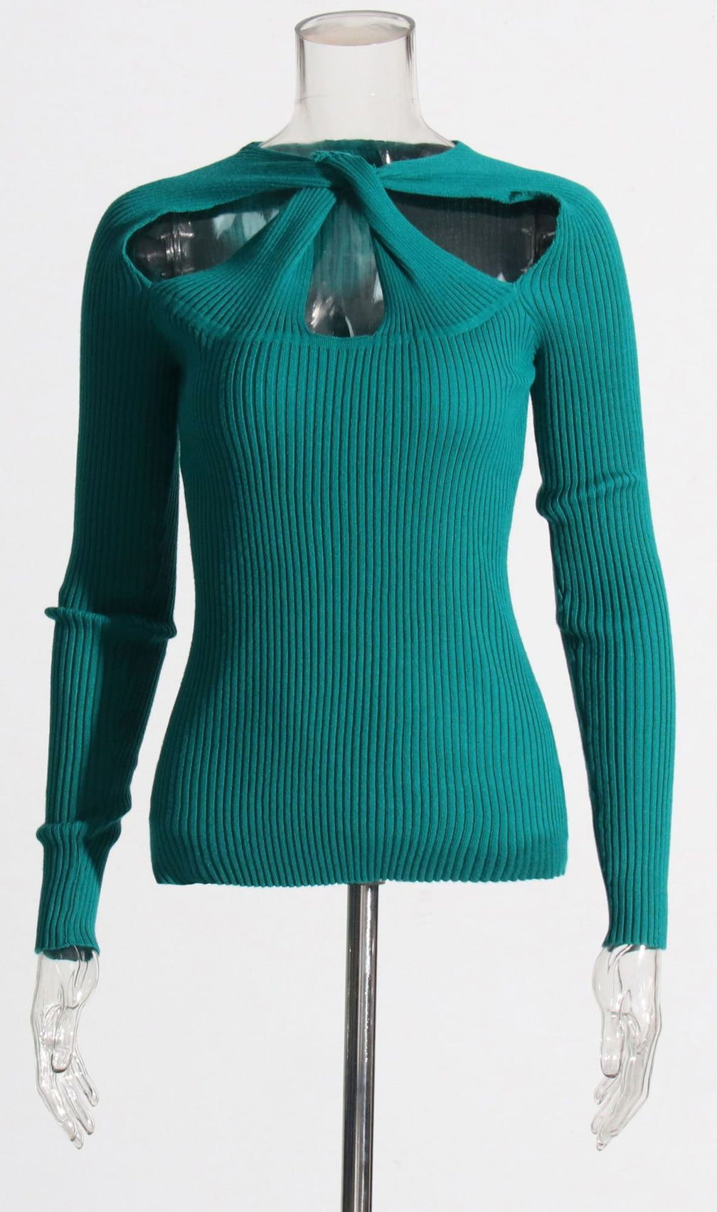 Ilana Chic Emerald Ribbed Knit Long Sleeve Top with Knot Cutout Detail