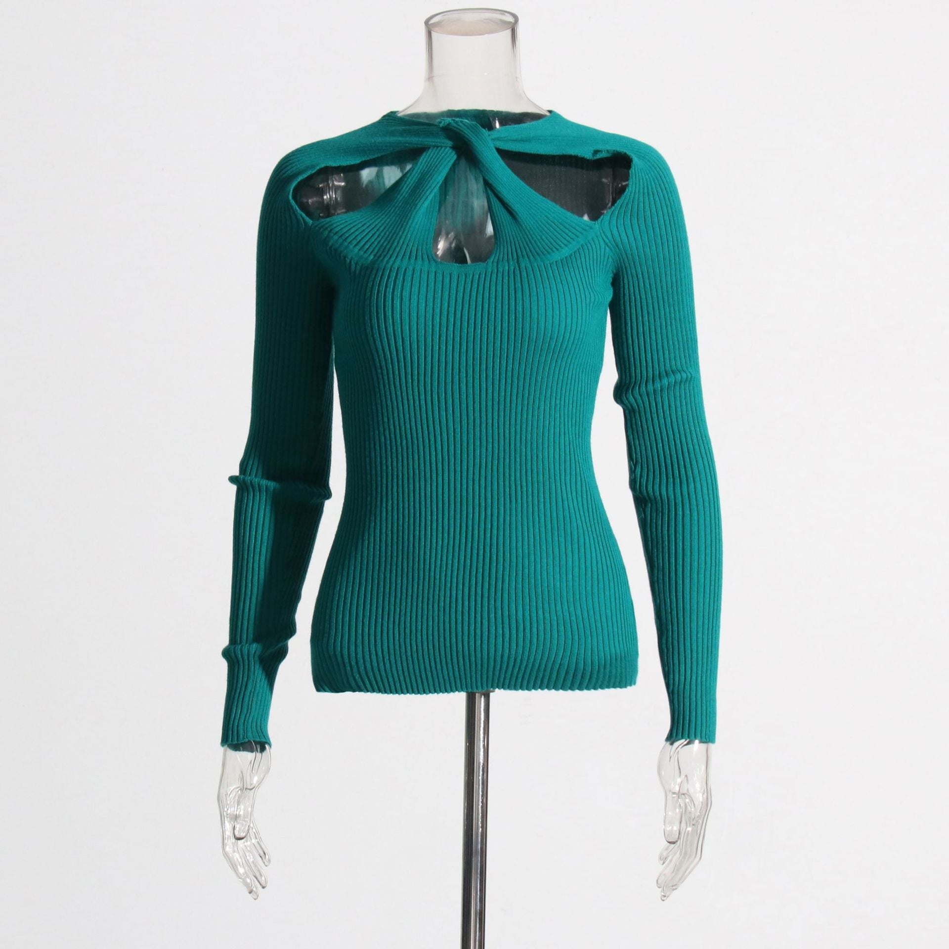 Ilana Chic Emerald Ribbed Knit Long Sleeve Top with Knot Cutout Detail