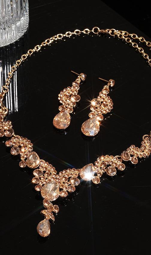 Kahlen Champagne Diamante Statement Necklace & Earrings Set - Gold Tone