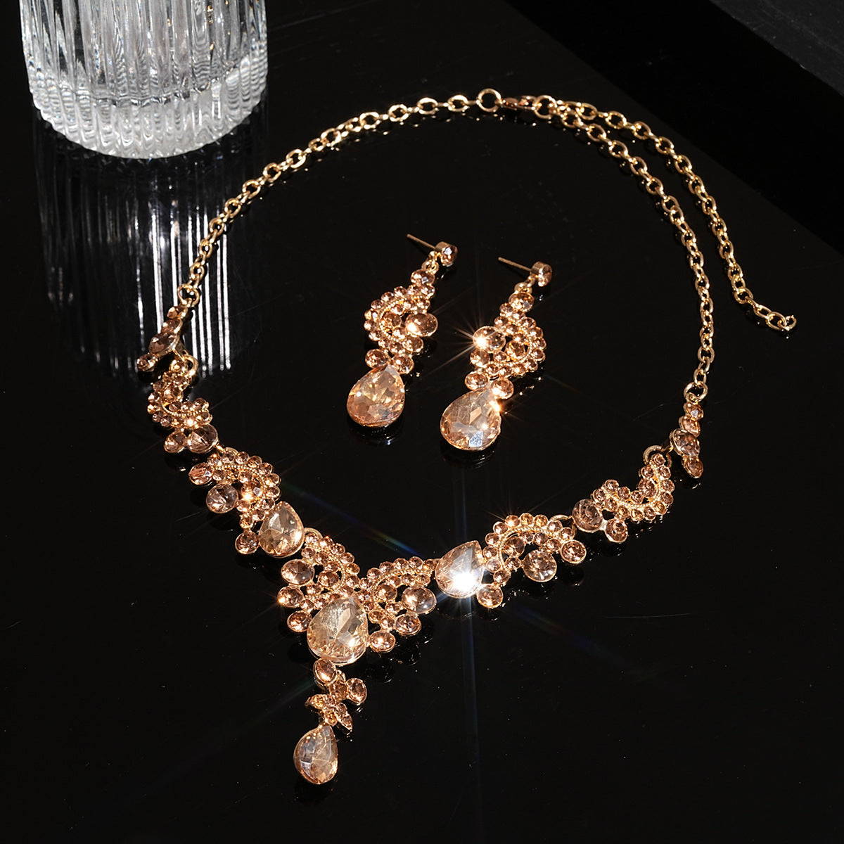 Kahlen Champagne Diamante Statement Necklace & Earrings Set - Gold Tone