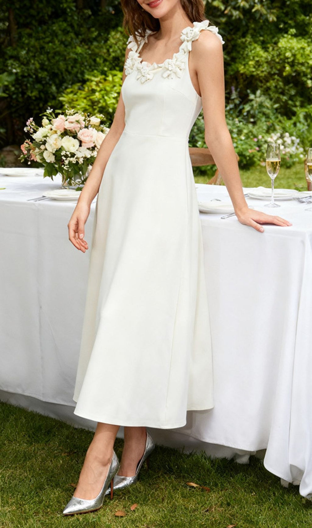 Janan White Floral Midi Dress - Elegant, Romantic & Perfect for Special Occasions