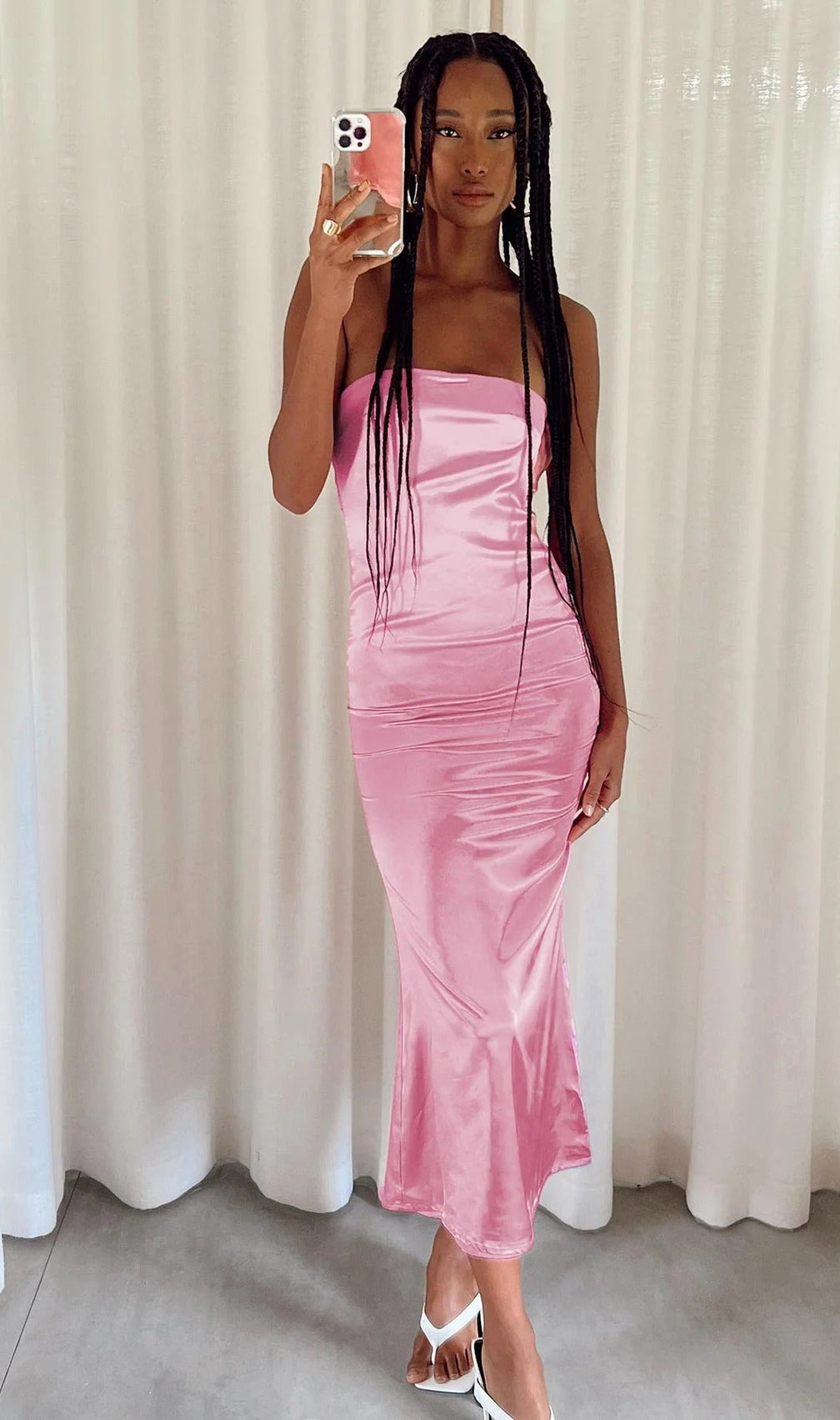 Pink Satin Halter Ruched Midi Dress with Back Bow