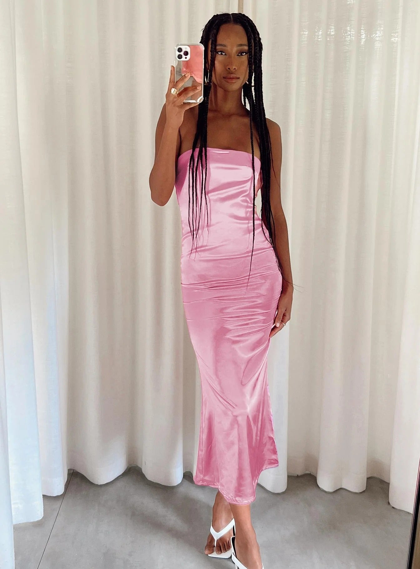 Pink Satin Halter Ruched Midi Dress with Back Bow
