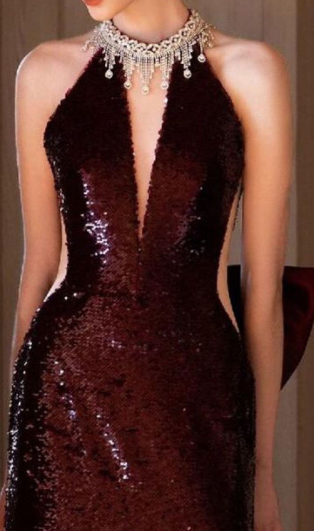 Inocencia Wine Red Sequin Halter Maxi Gown with Statement Bow