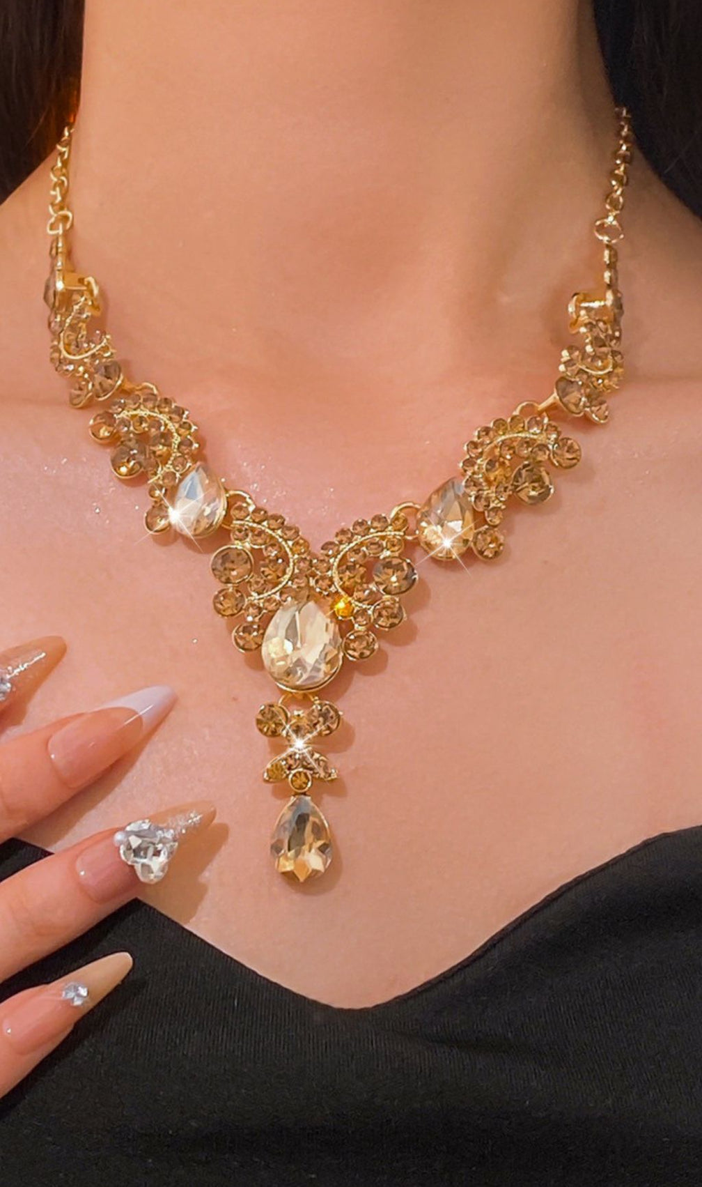 Kahlen Champagne Diamante Statement Necklace & Earrings Set - Gold Tone