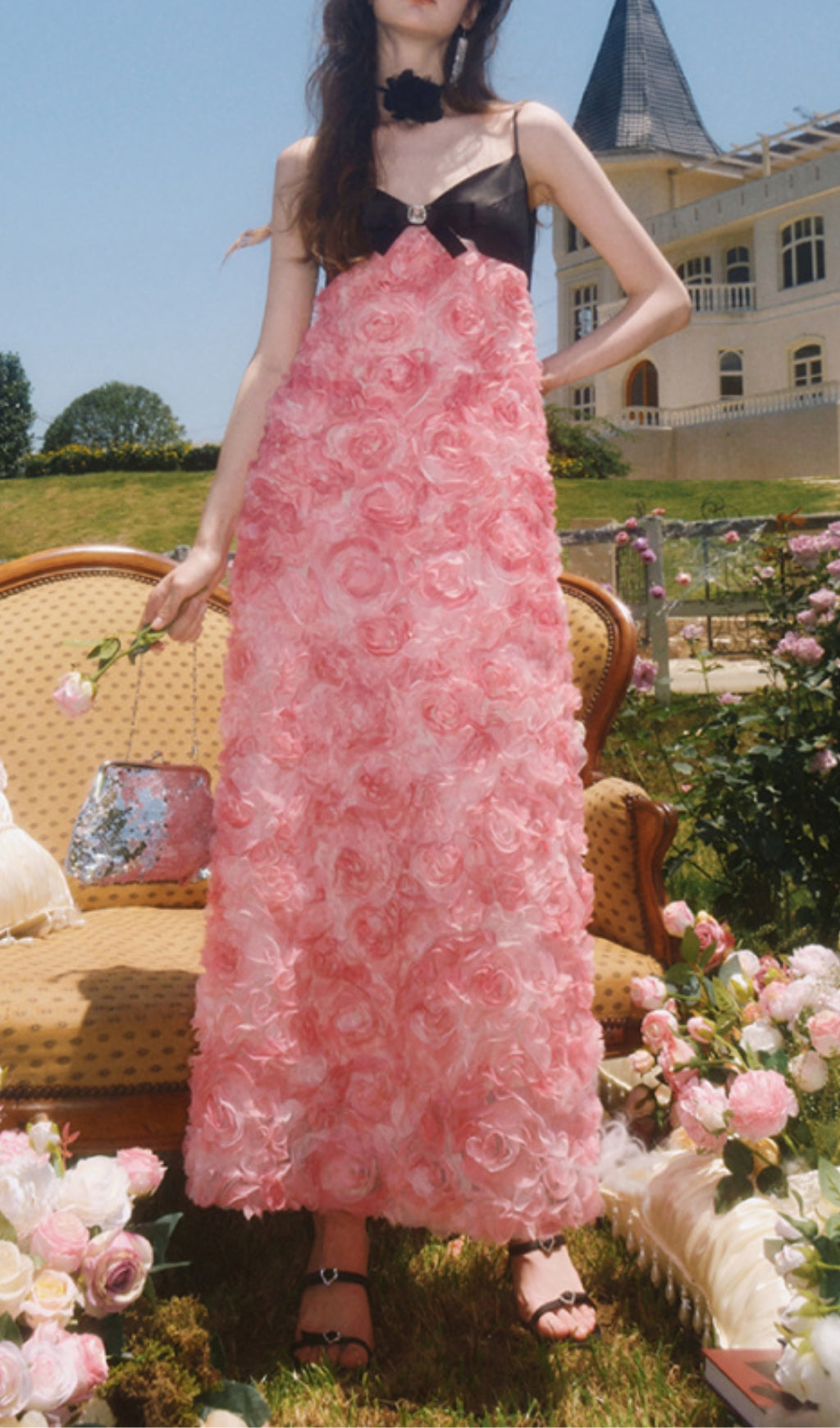 Rose Appliquéd Spaghetti Maxi Dress In Pink