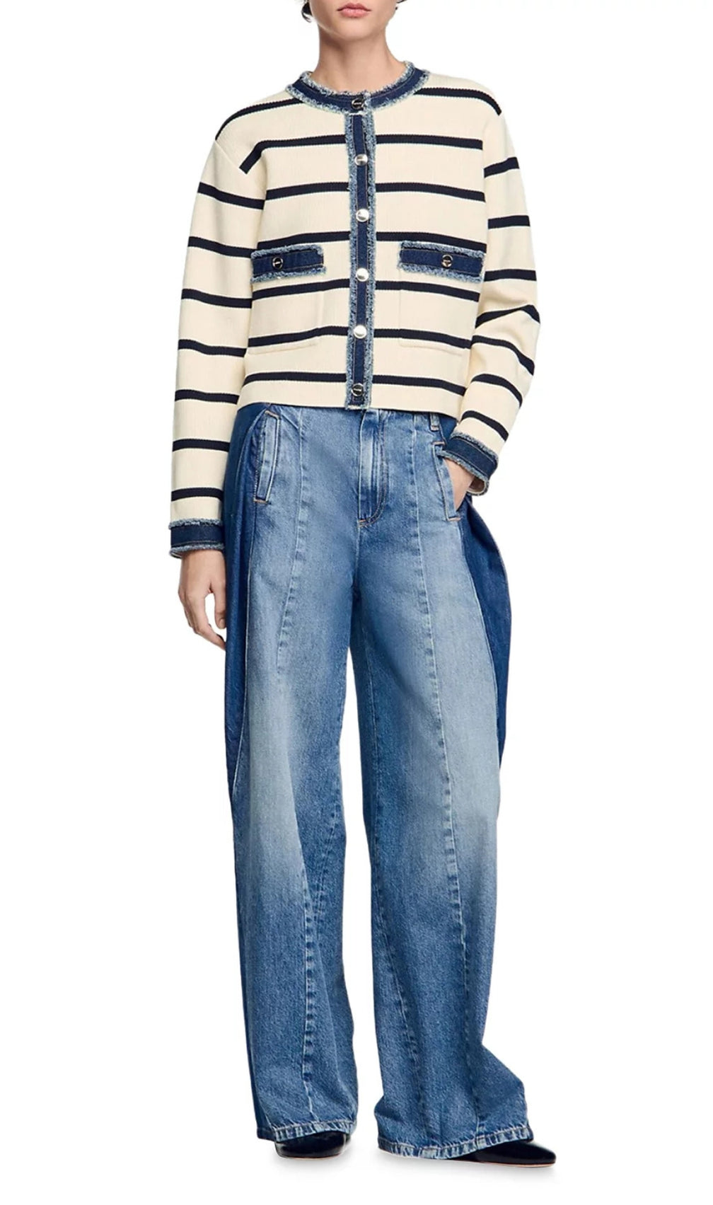 Striped Cardigan With Denim Detail