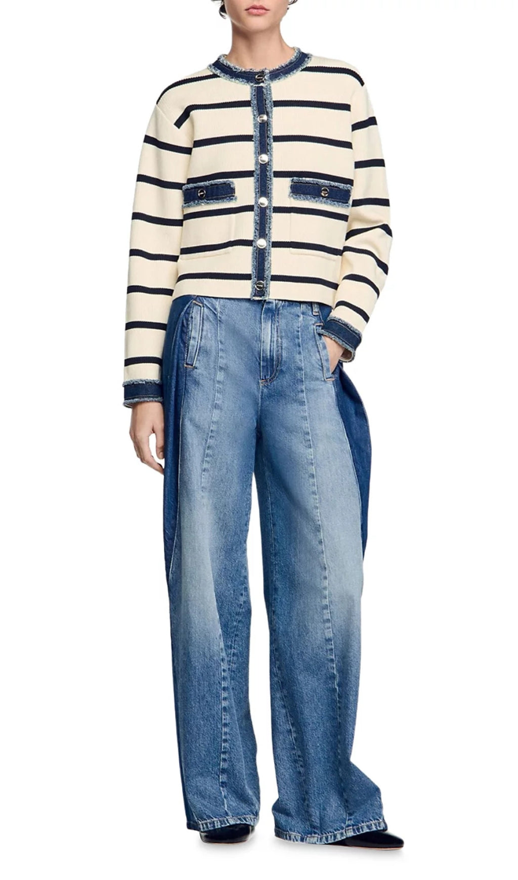 Striped Cardigan With Denim Detail