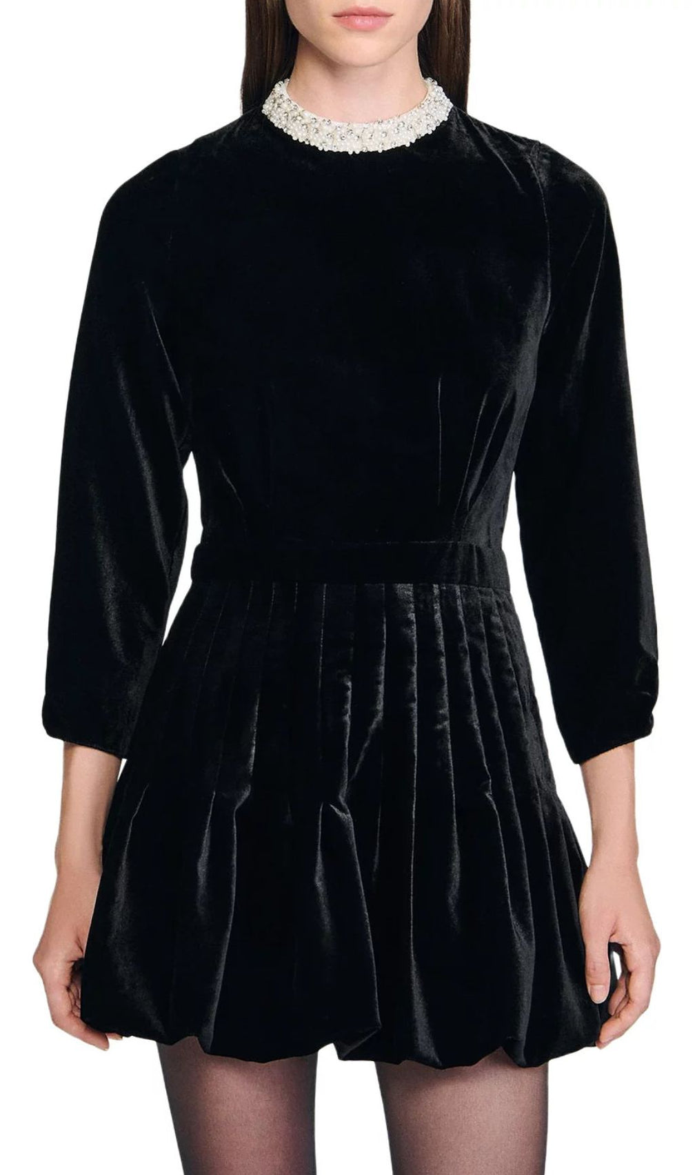 Chic Black Velvet Mini Dress with Beaded Collar & Bubble Skirt