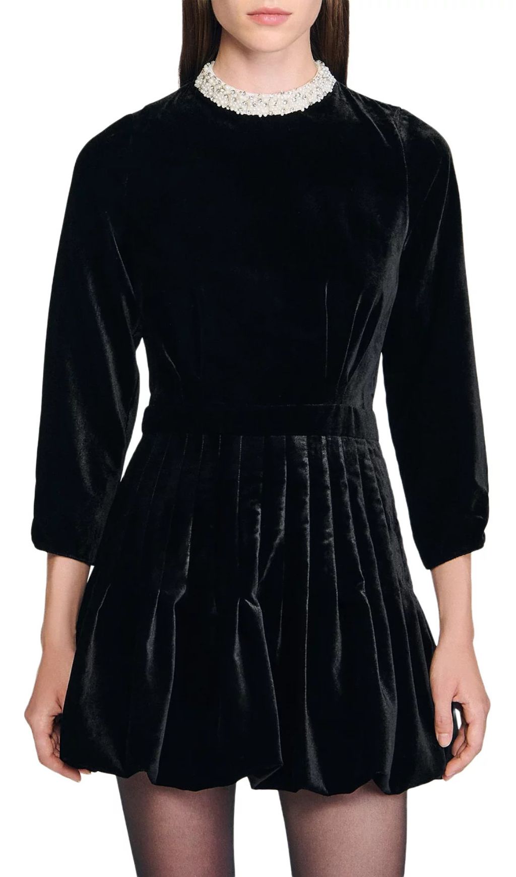 Chic Black Velvet Mini Dress with Beaded Collar & Bubble Skirt