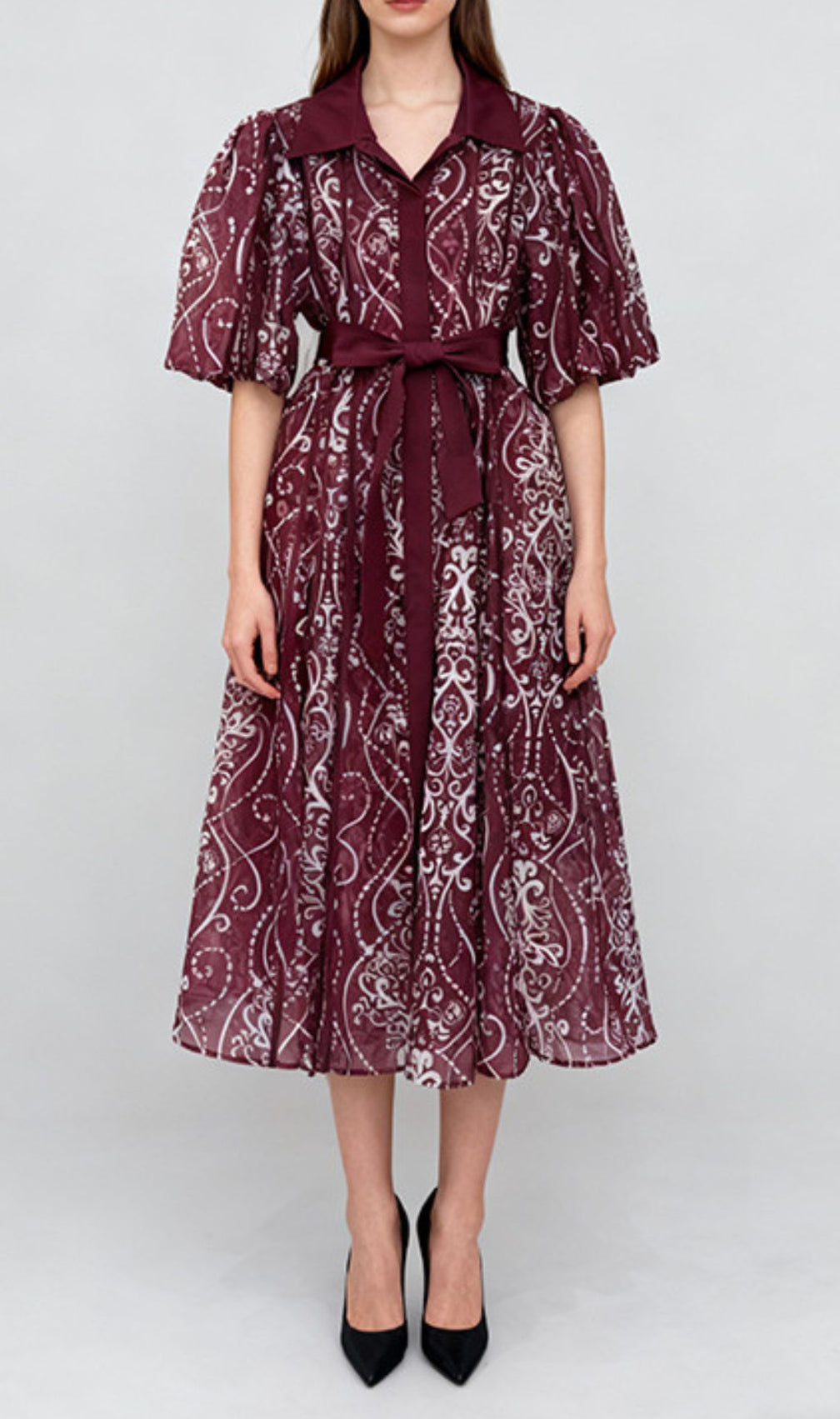 Sophisticated Puff-Sleeve Printed Midi Dress with Tie-Waist