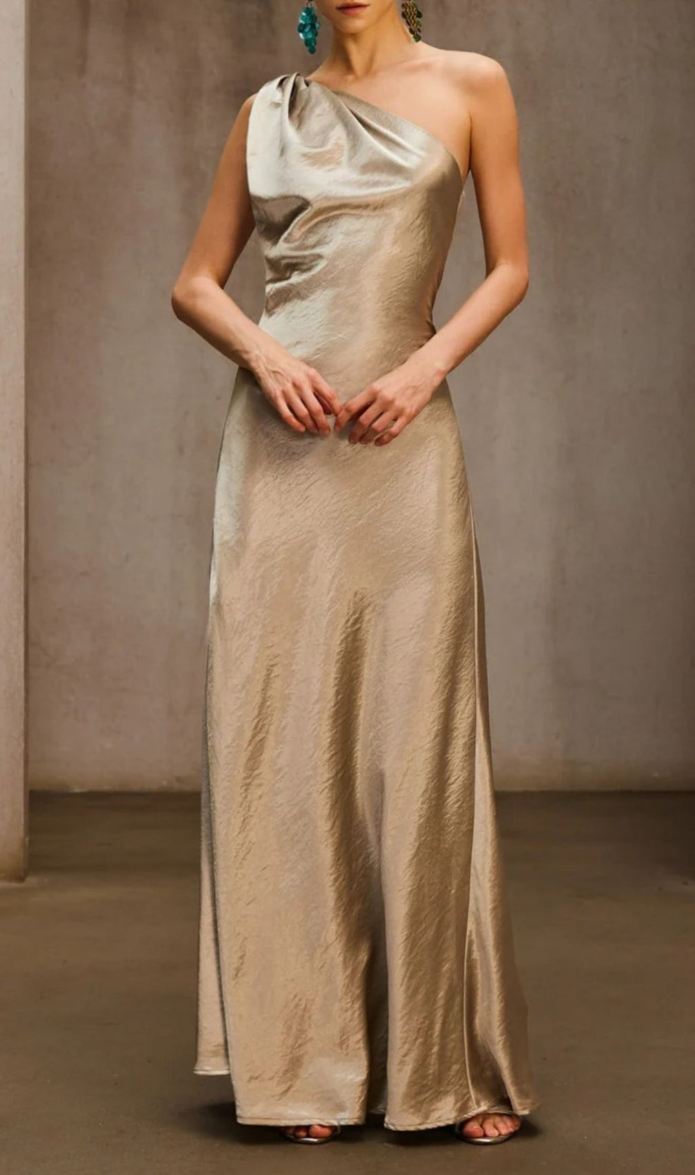Phaelion Champagne One Shoulder Maxi Dress