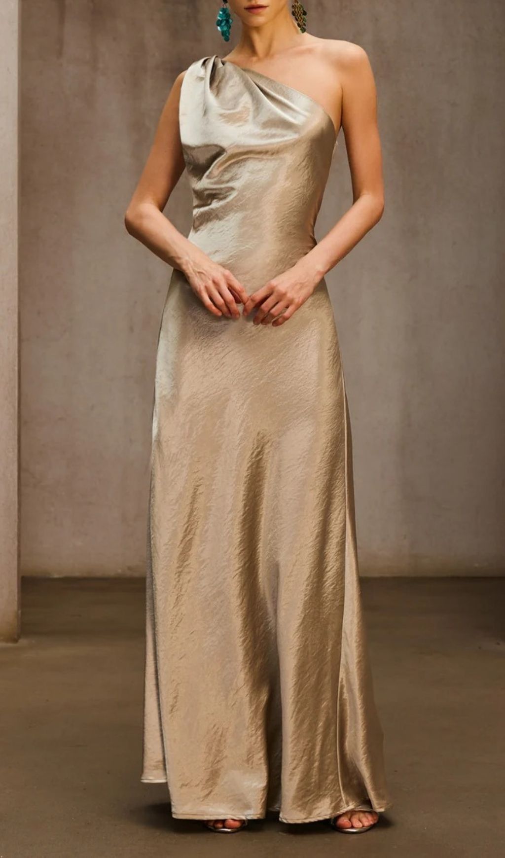 Phaelion Champagne One Shoulder Maxi Dress