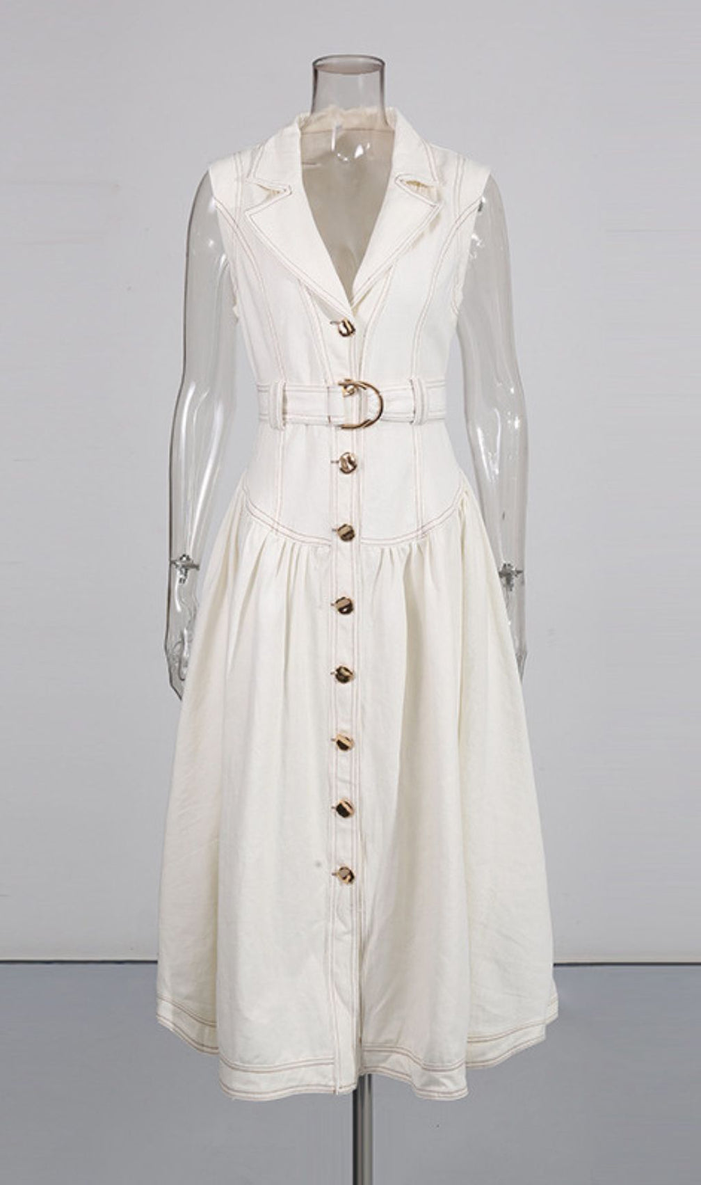 Ione Sleeveless Button-Front Denim Midi Dress | Chic & Belted Style