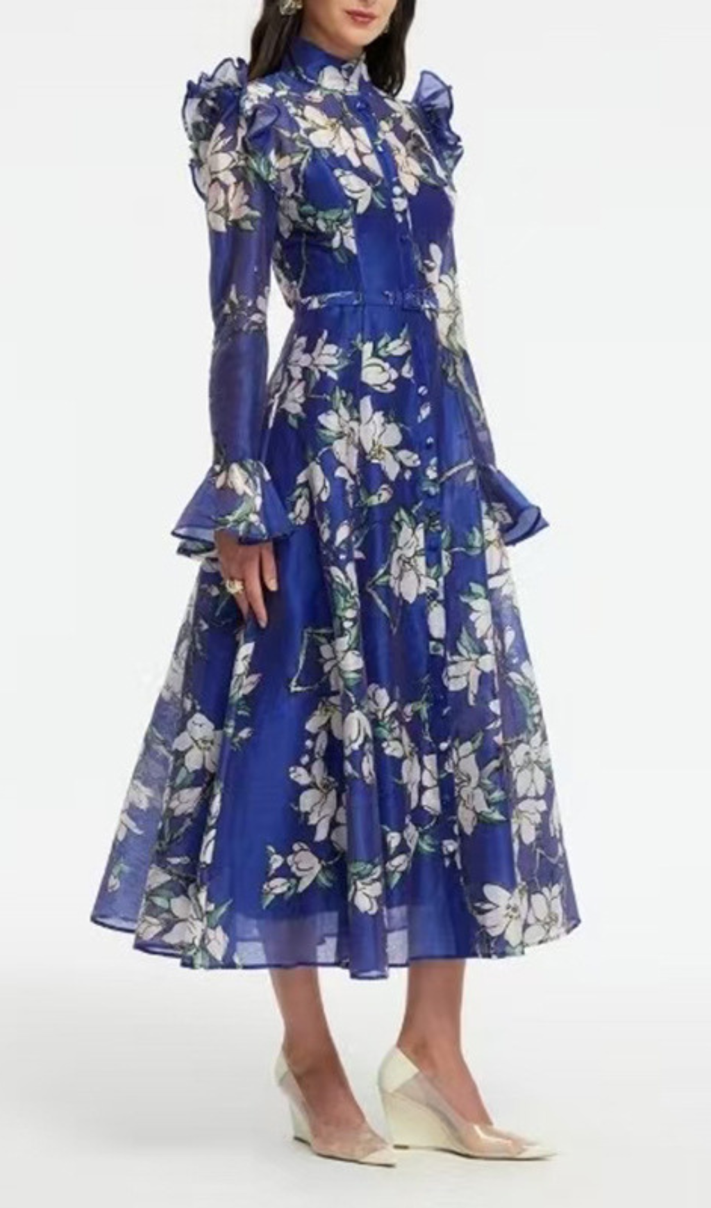 Gavrila Blue Floral Long Sleeve Midi Dress