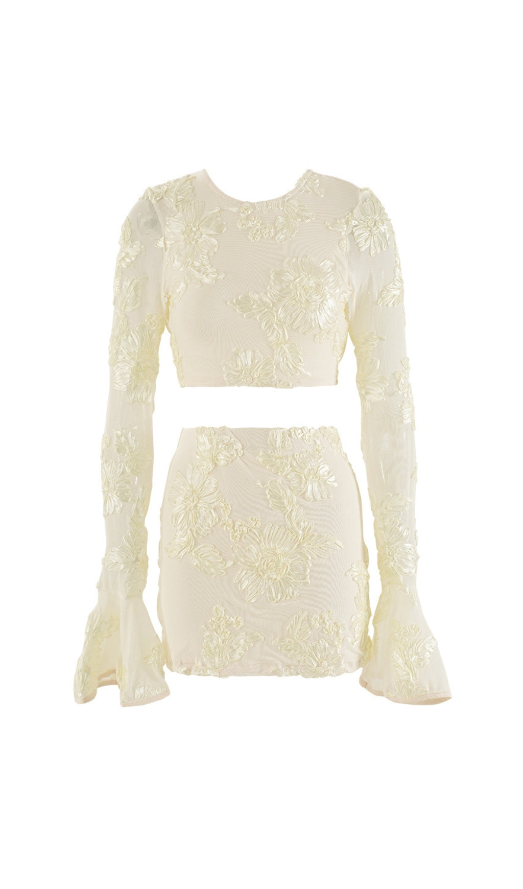 Daisy Flower Embroidery Flared Sleeve Skirt Set