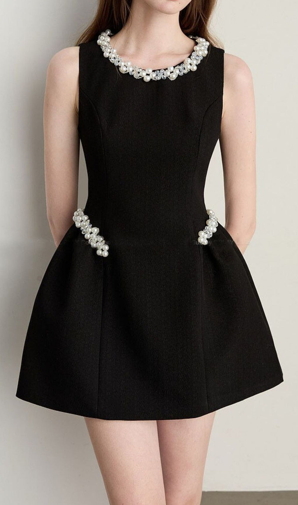 Keitha Dazzling Pearl & Crystal Black Mini Dress | Sleeveless Cocktail & Party