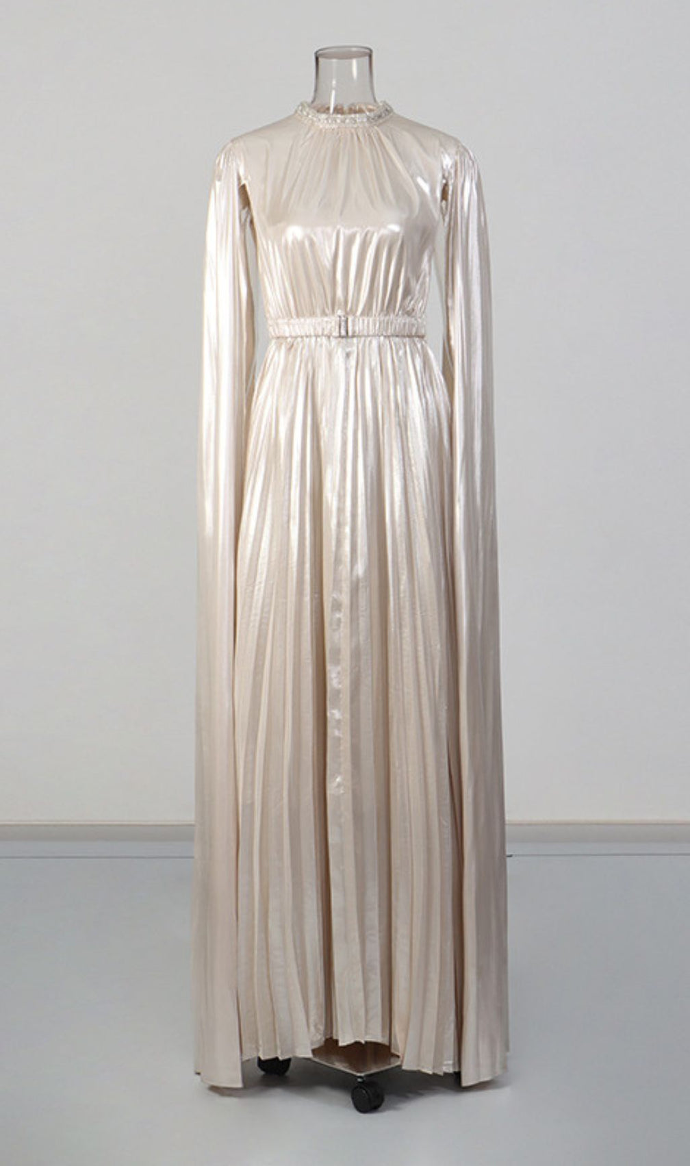 Kacia Opulent Gold Pleated Maxi Gown - Embellished High Neck & Flowing Cape Sleeves