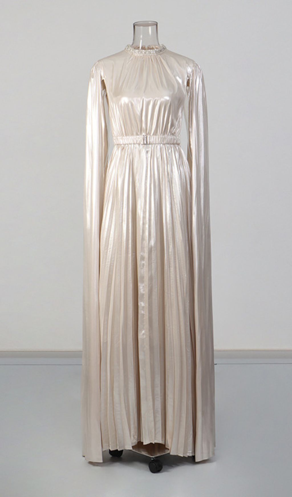 Kacia Opulent Gold Pleated Maxi Gown - Embellished High Neck & Flowing Cape Sleeves