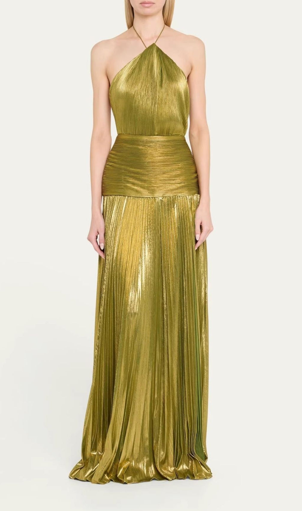 Syriona Halterneck Split Pleated Metallic Maxi Dress In Green