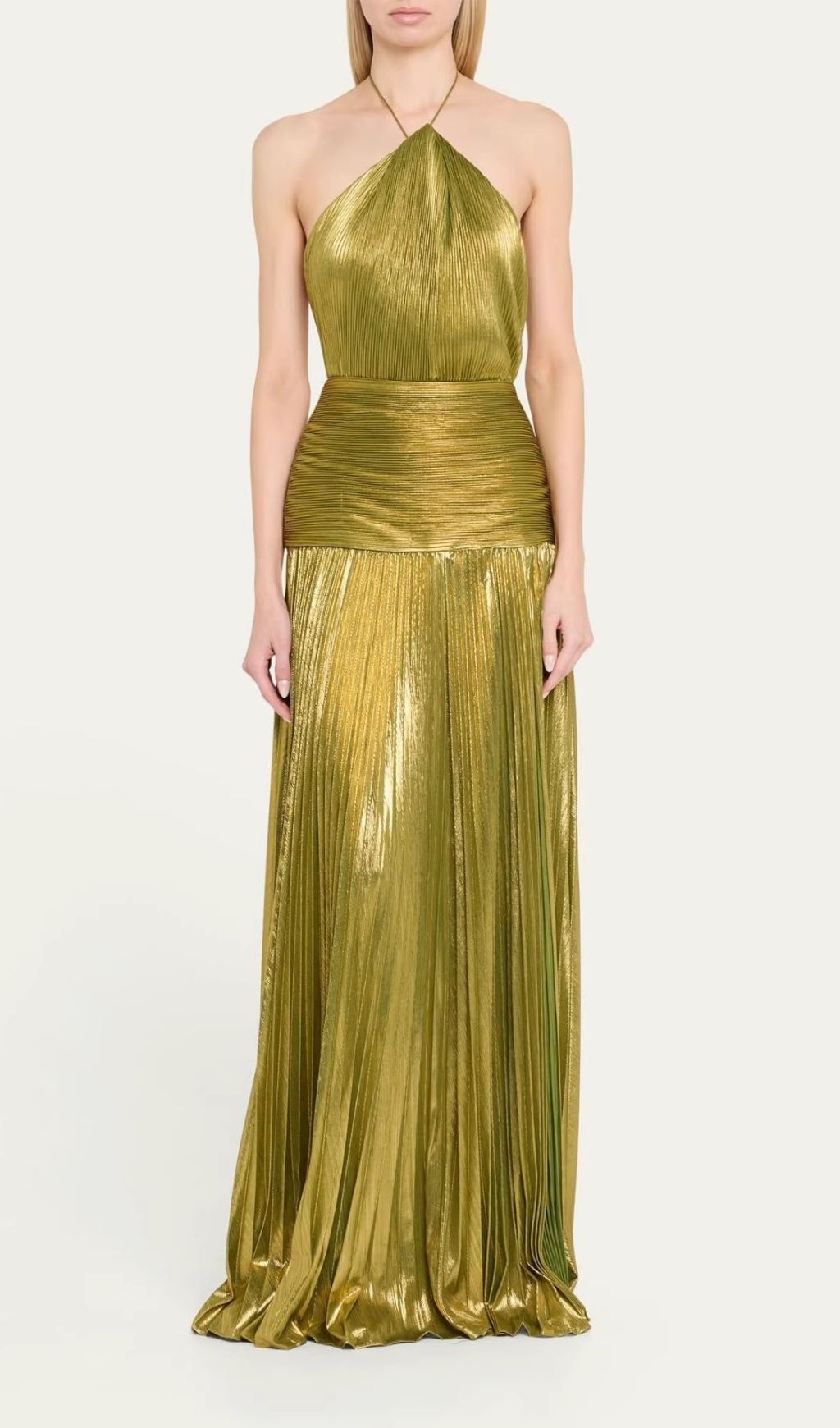 Syriona Halterneck Split Pleated Metallic Maxi Dress In Green