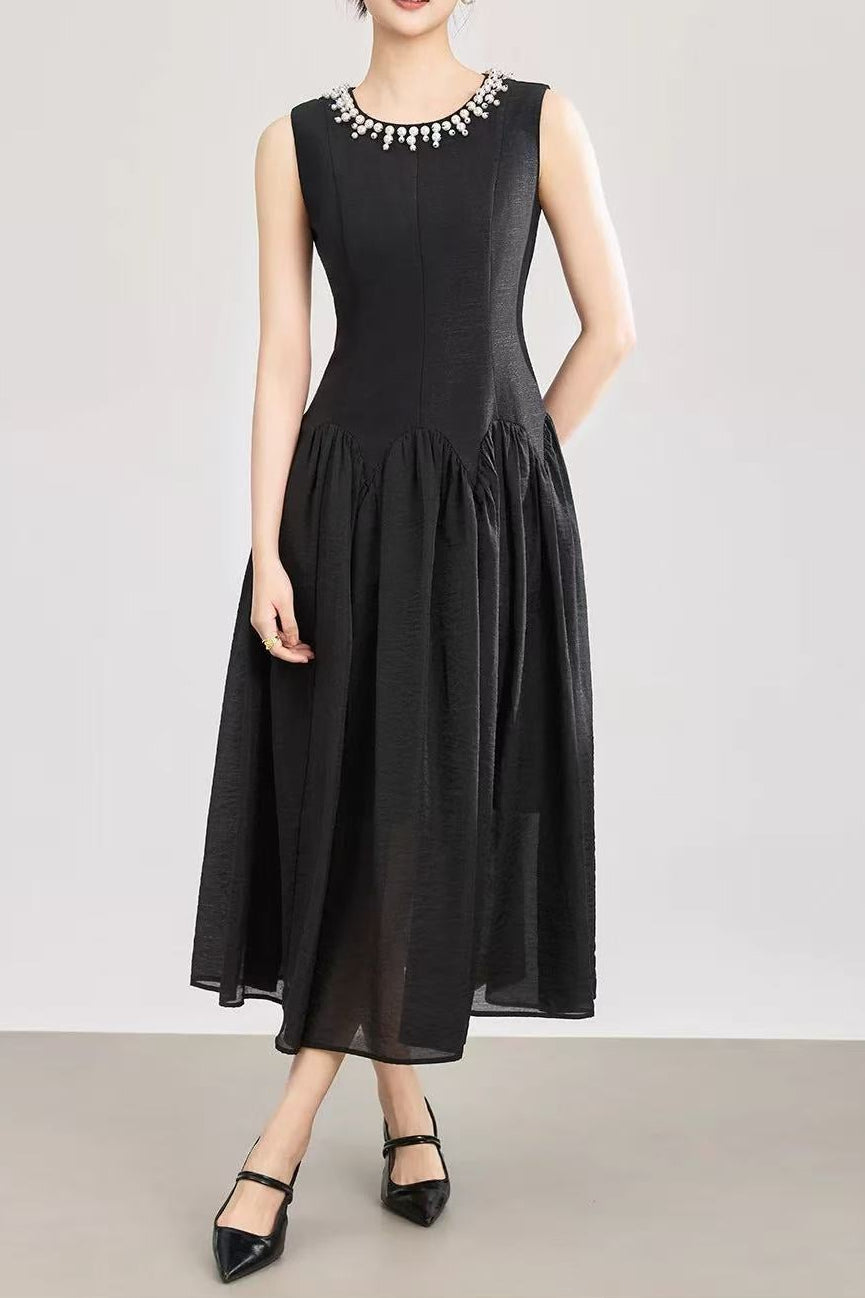 Sleeveless Midi Dress with Tulle Skirt and Pearl Embellished Collar - Black