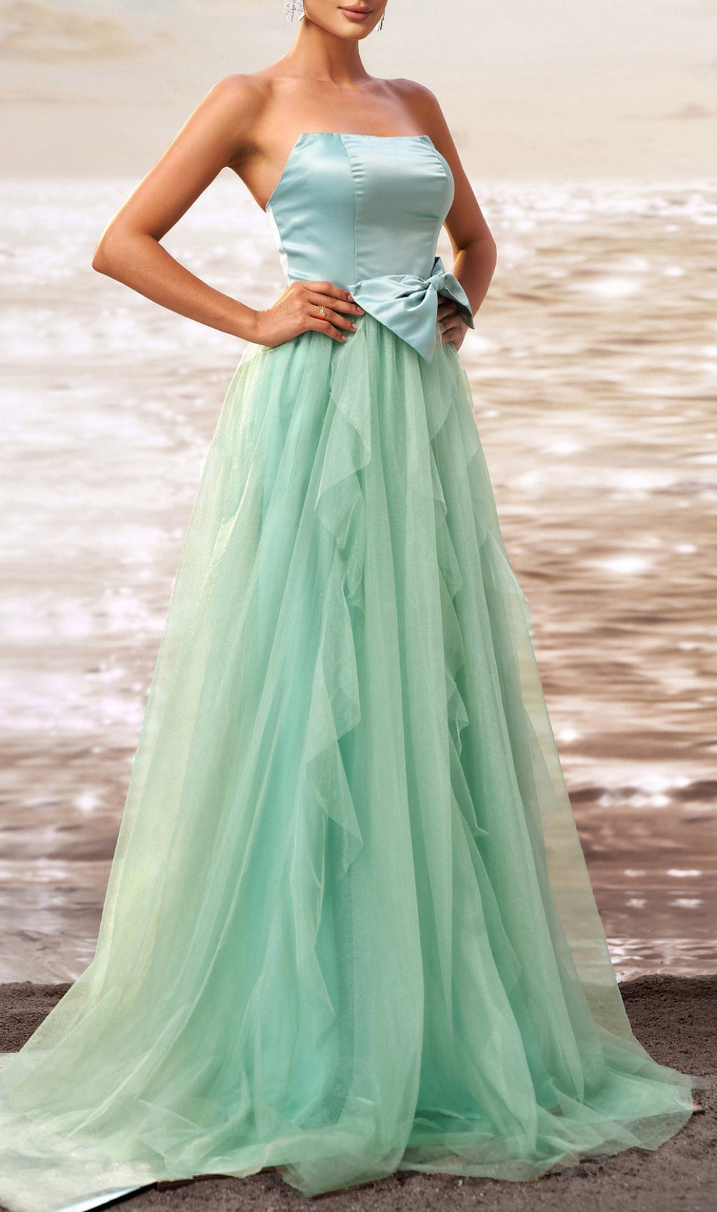 Dafna Mint Strapless Bow Mesh Maxi Dress