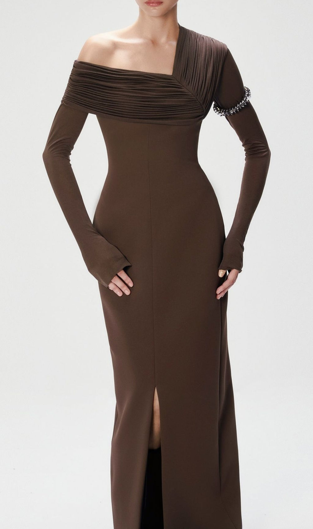 Katelynn Coffee Brown Ruched Off-Shoulder Maxi Dress | Elegant Evening Gown