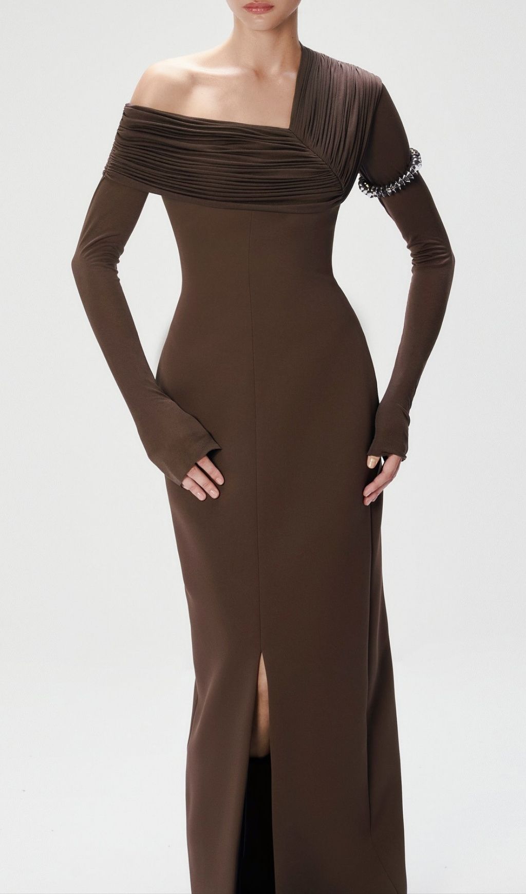Katelynn Coffee Brown Ruched Off-Shoulder Maxi Dress | Elegant Evening Gown