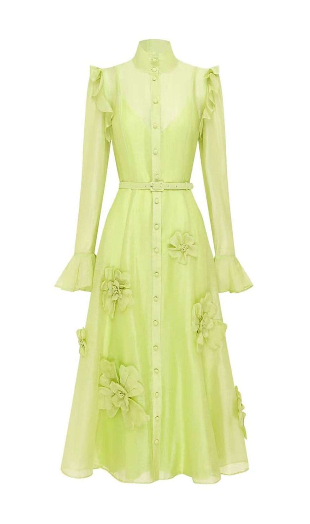 Elula Green Long Sleeve Flower Midi Dress