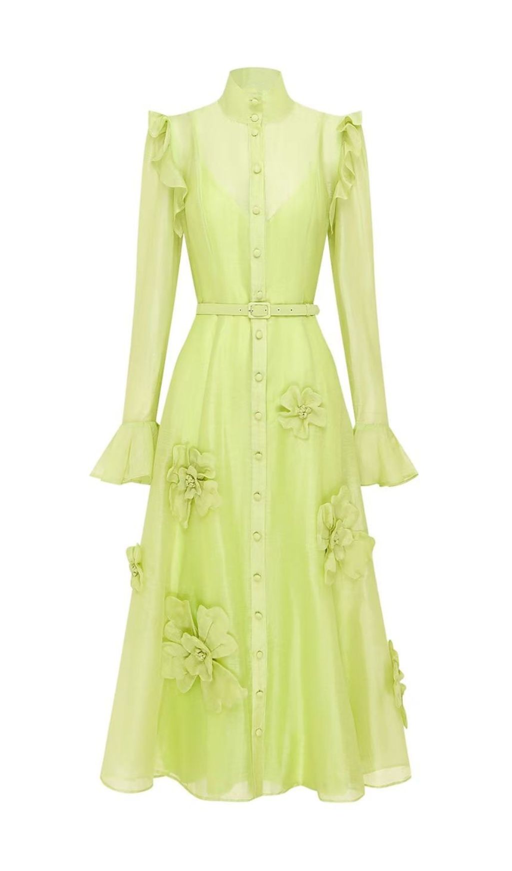 Elula Green Long Sleeve Flower Midi Dress