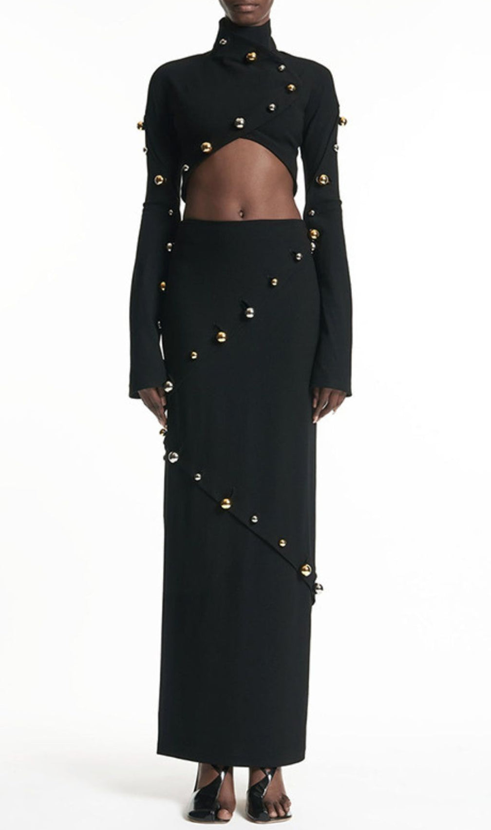 Ilario Luxe Studded Black Long Sleeve Crop Top & Maxi Skirt Set