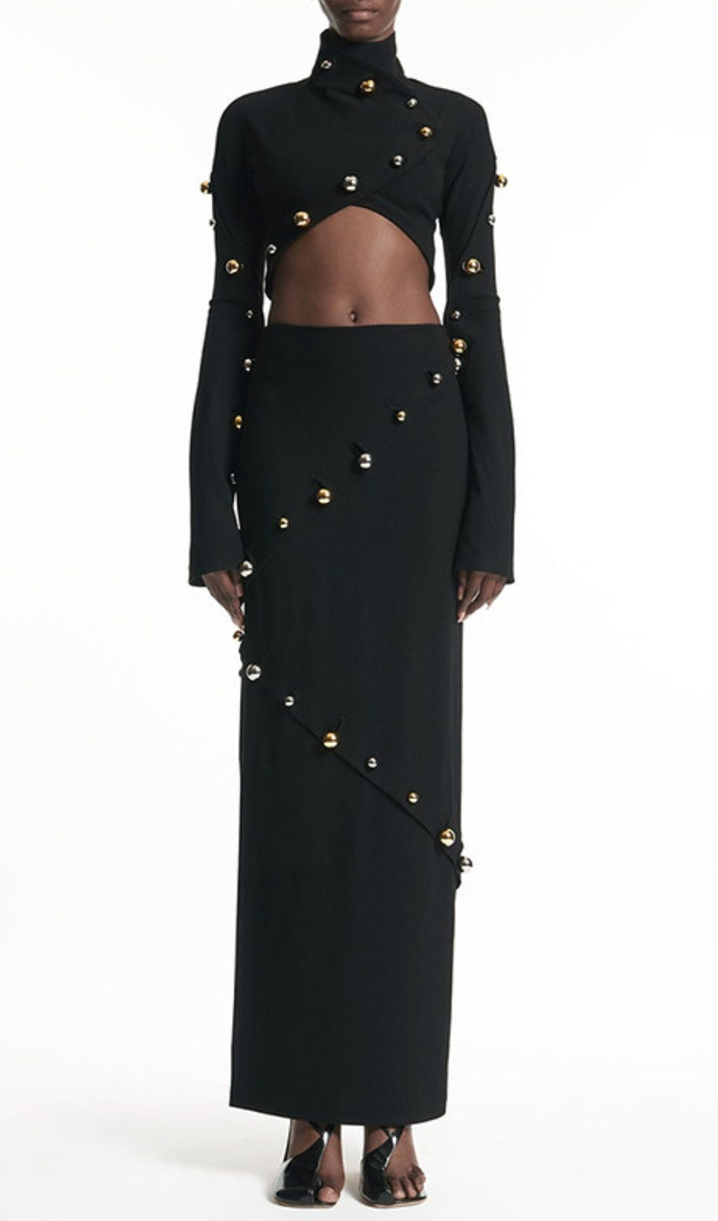 Ilario Luxe Studded Black Long Sleeve Crop Top & Maxi Skirt Set