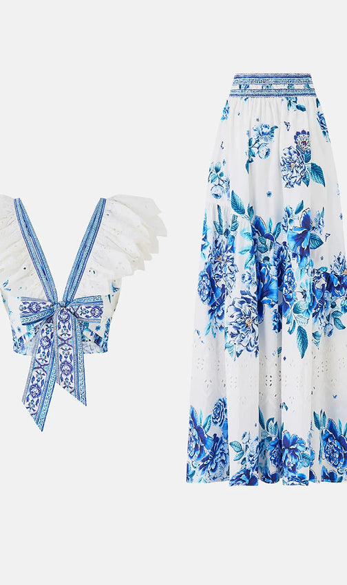 Haru Blue Floral Maxi Skirt & Ruffle Top Set | Chic Resort Wear for Women