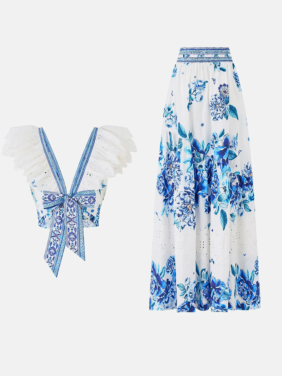 Haru Blue Floral Maxi Skirt & Ruffle Top Set | Chic Resort Wear for Women