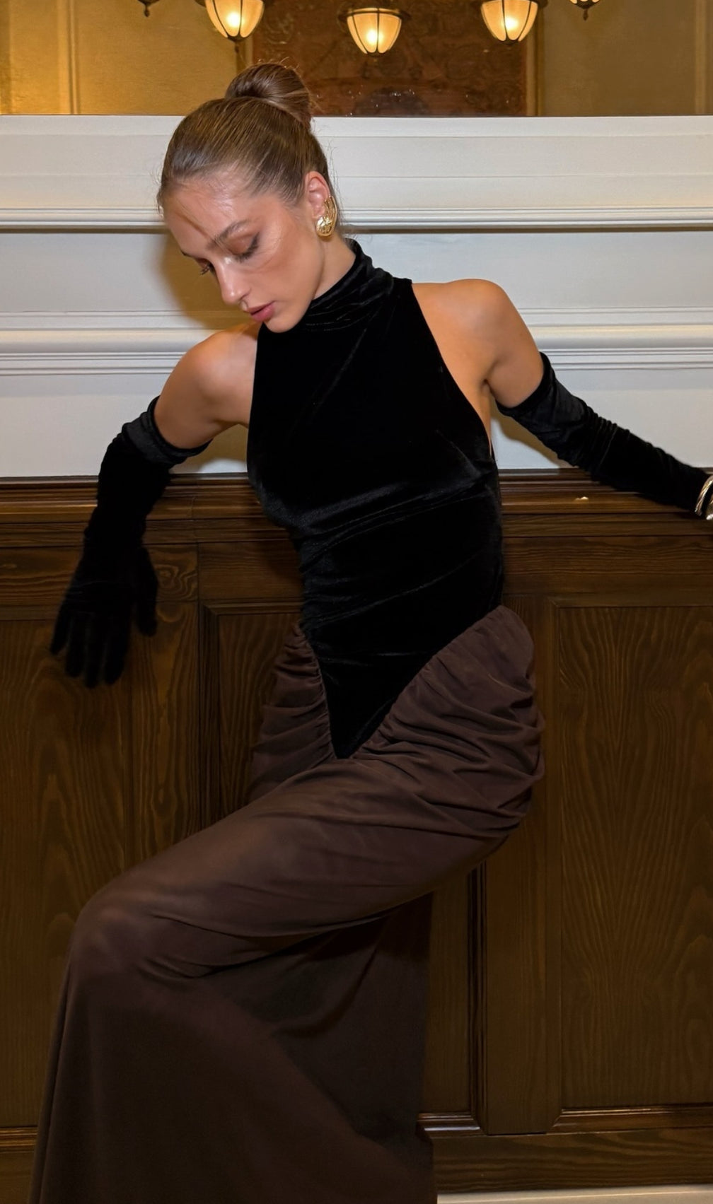 Halter Draped Maxi Velvet Dress