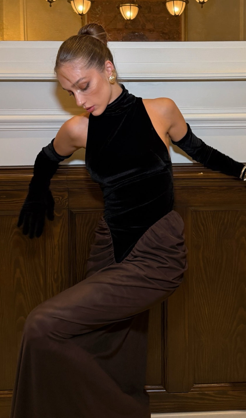 Halter Draped Maxi Velvet Dress