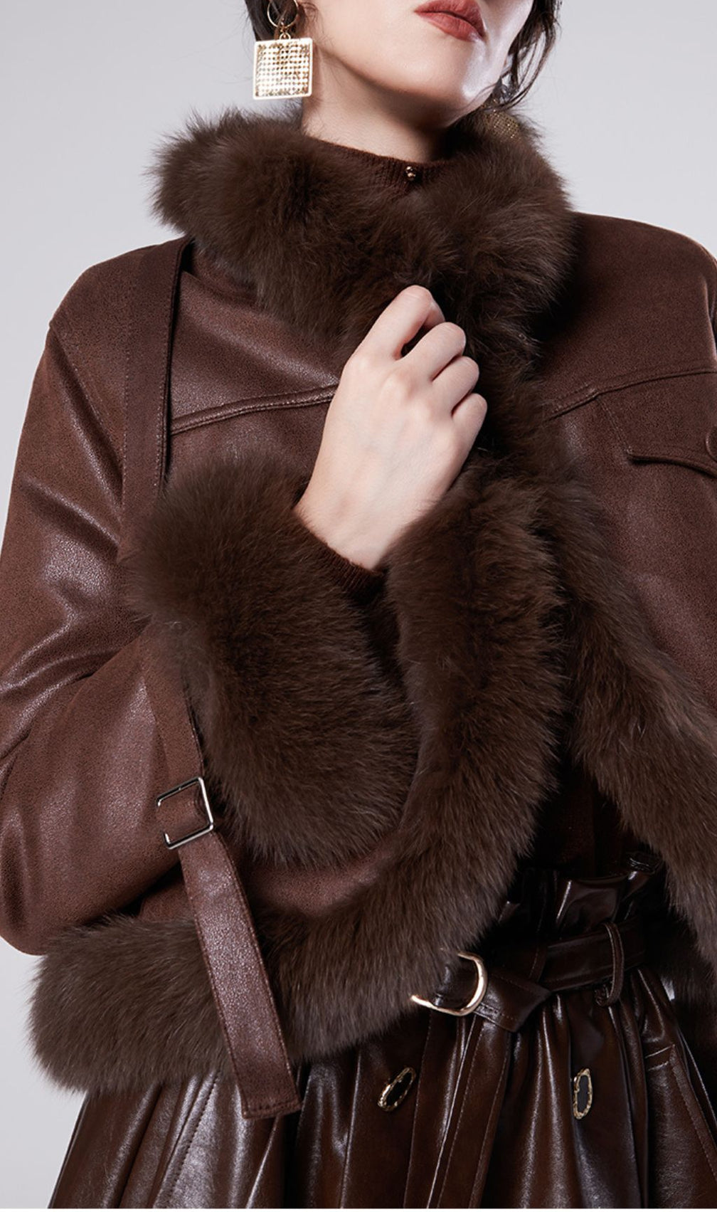 Hicks Luxurious Faux Leather & Faux Fur Trim Jacket & Midi Skirt Set | Chic Brown Winter Ensemble