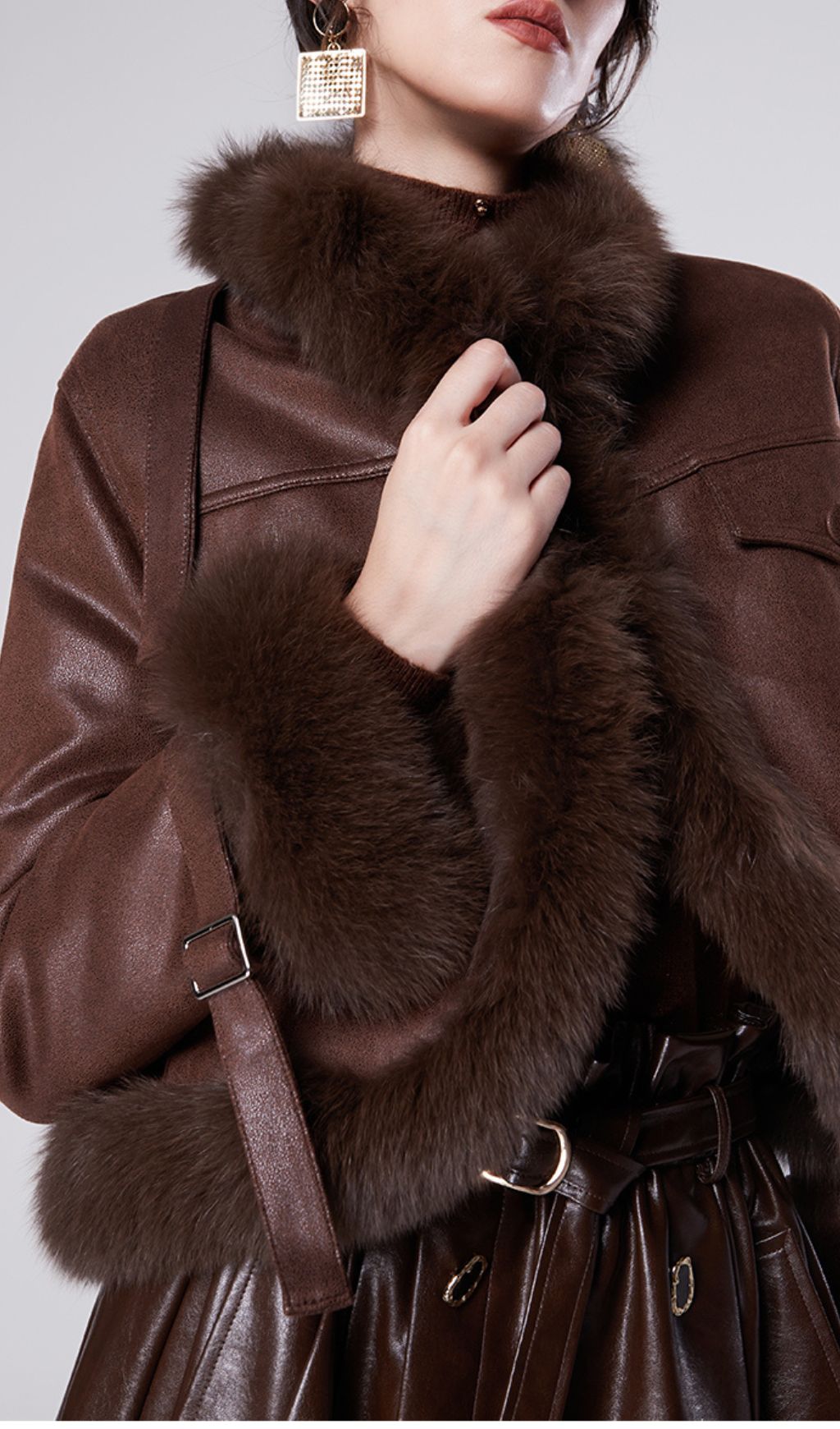 Hicks Luxurious Faux Leather & Faux Fur Trim Jacket & Midi Skirt Set | Chic Brown Winter Ensemble