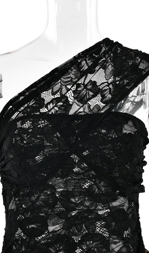 Raelira Glamorous One-Shoulder Lace & Leopard Print Maxi Dress