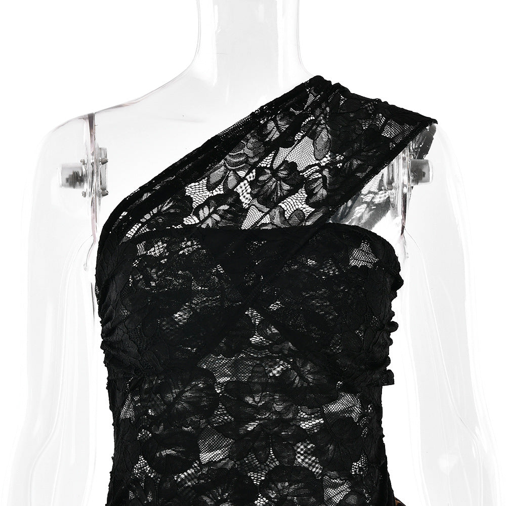 Raelira Glamorous One-Shoulder Lace & Leopard Print Maxi Dress