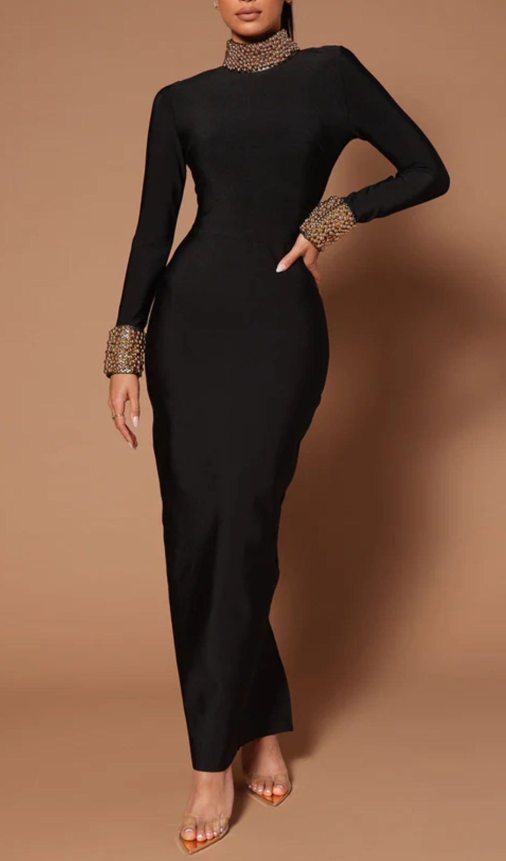 Bambina Black Long Sleeve Embellished Maxi Dress
