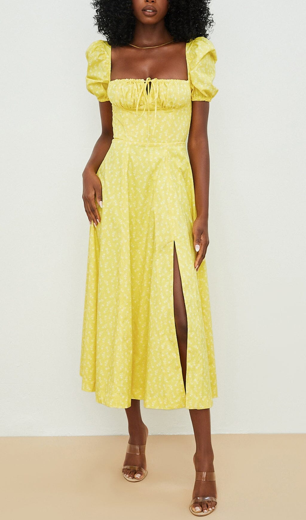 Vintage Floral Puff Sleeve Midi Dress In Yellow