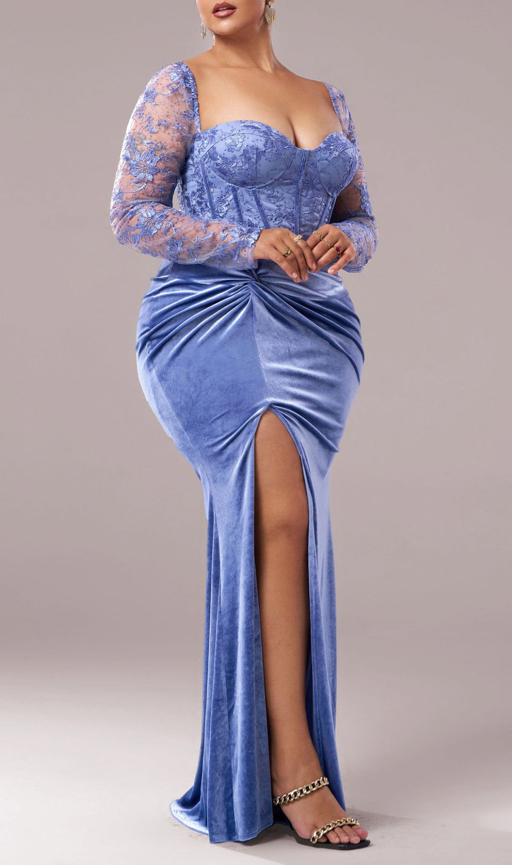 Jaan Periwinkle Blue Velvet & Lace Plus Size Long Sleeve Maxi Gown