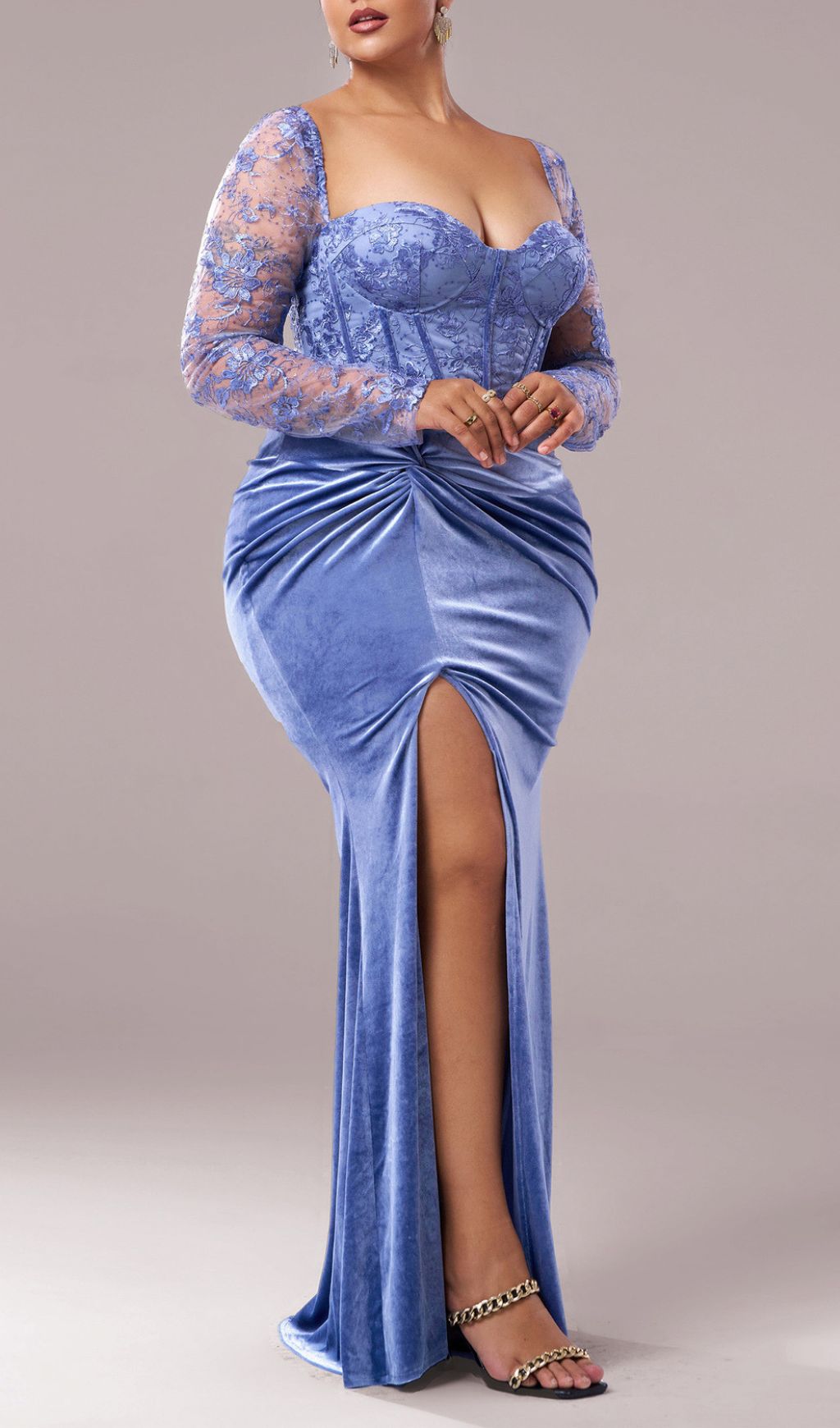 Jaan Periwinkle Blue Velvet & Lace Plus Size Long Sleeve Maxi Gown