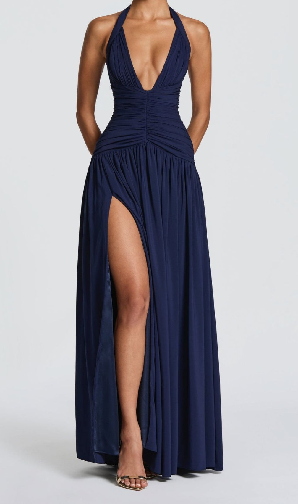 Kelley Navy Halter Ruched Maxi Dress with High Slit | Elegant Formal Gown