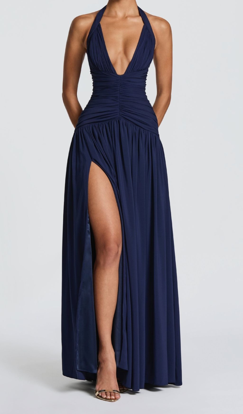 Kelley Navy Halter Ruched Maxi Dress with High Slit | Elegant Formal Gown
