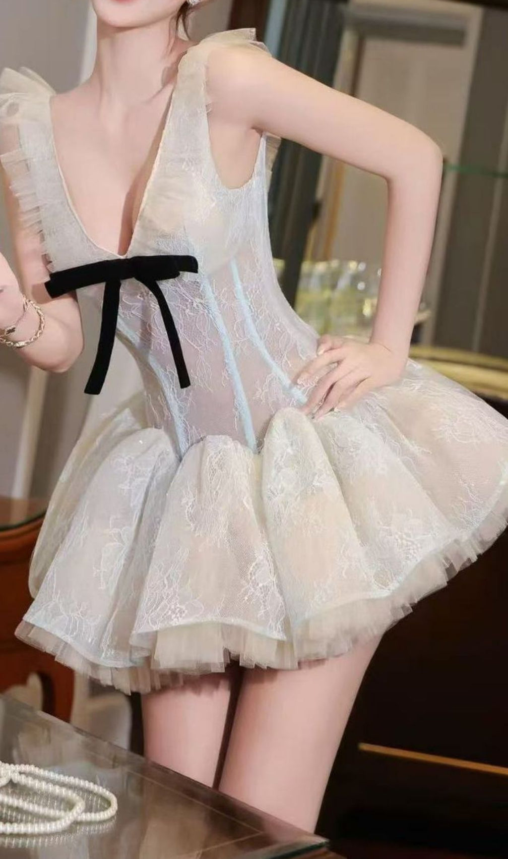 Kelsea Apricot Lace Mini Dress | Romantic V-Neck & Flirty Ruffle Design