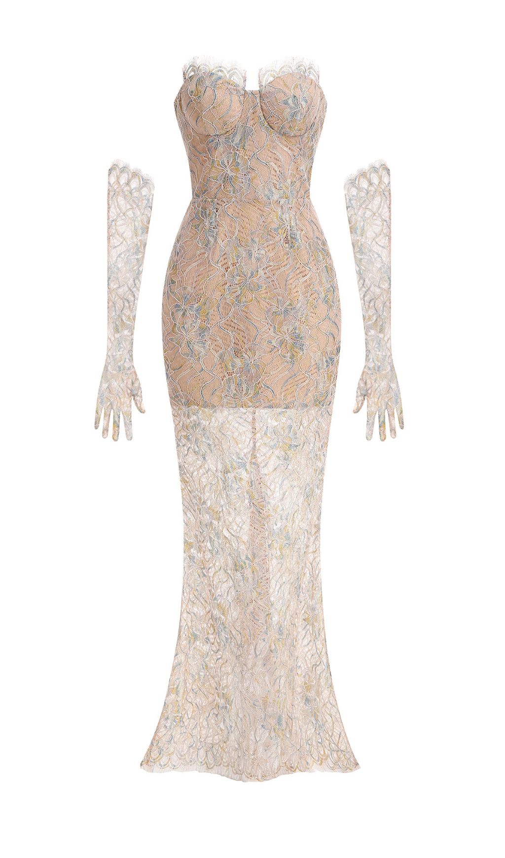 Javion Enchanting Strapless Floral Lace Gown with Opera Gloves