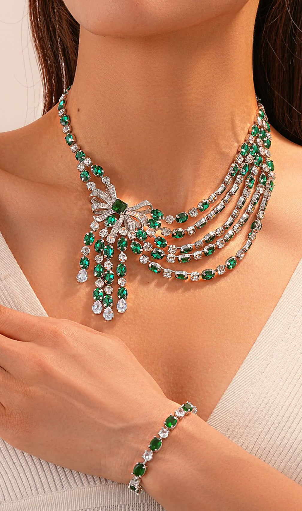 Elegant Emerald Green Bow Cubic Zirconia Jewelry Set
